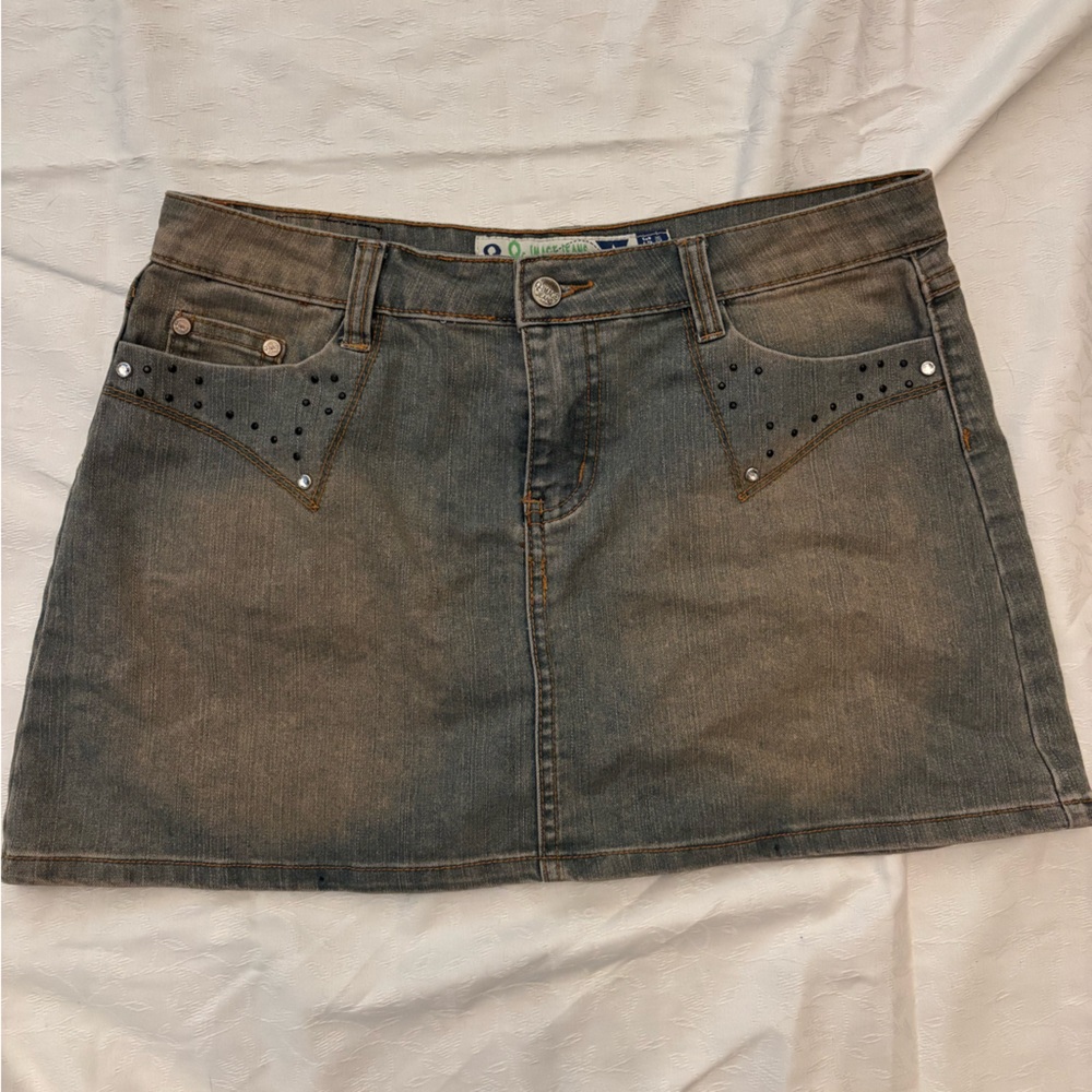 Q Collection rhinestone studded denim mini skirt
